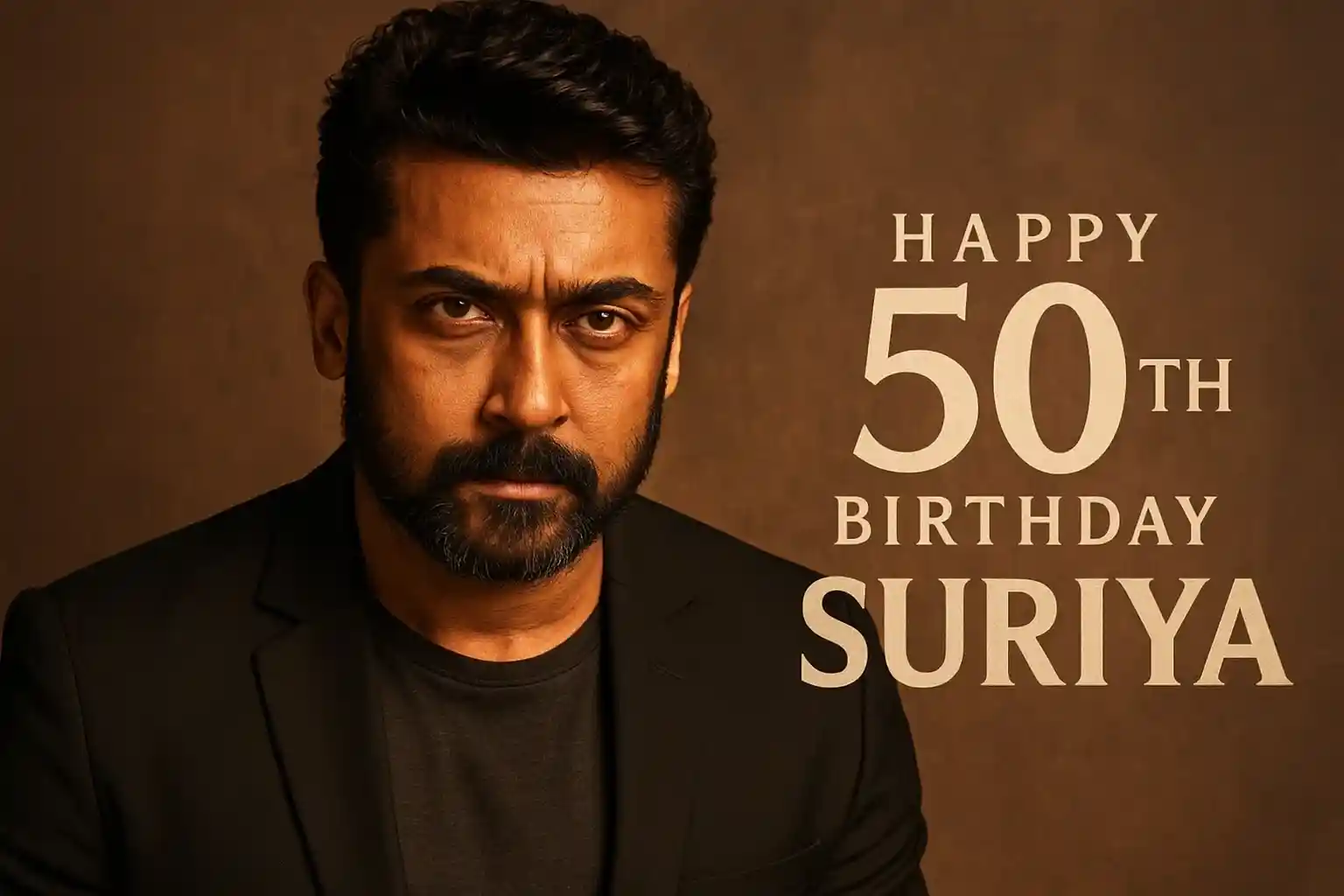 A stylish portrait of actor Suriya, celebrating his 50th birthday.