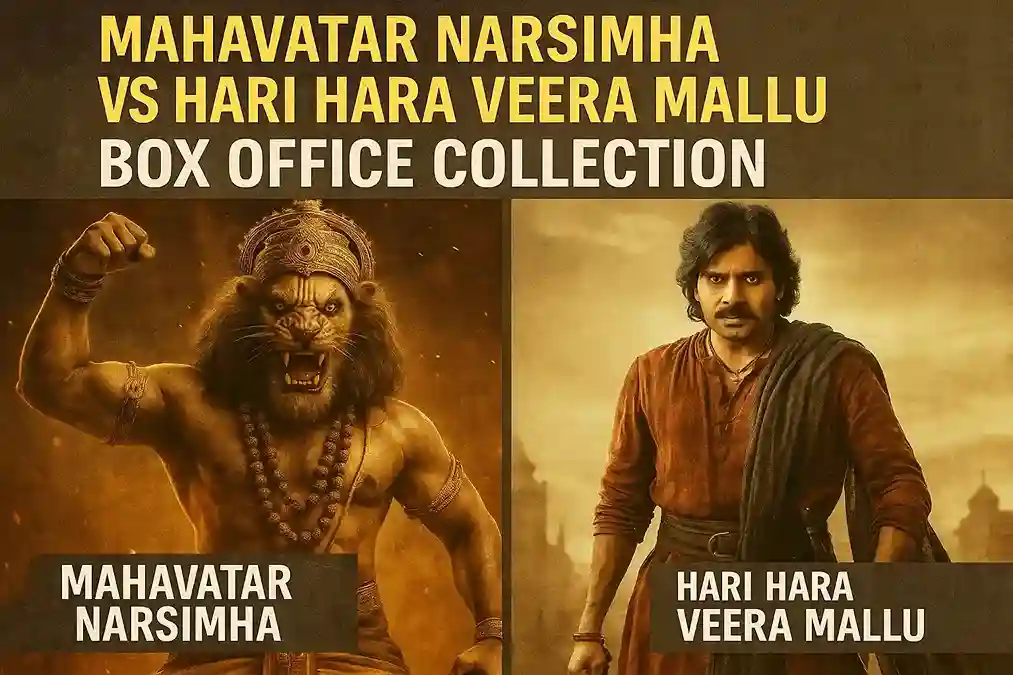 A split poster showing Ranbir Kapoor in Mahavatar Narsimha on one side and Pawan Kalyan in Hari Hara Veera Mallu on the other.