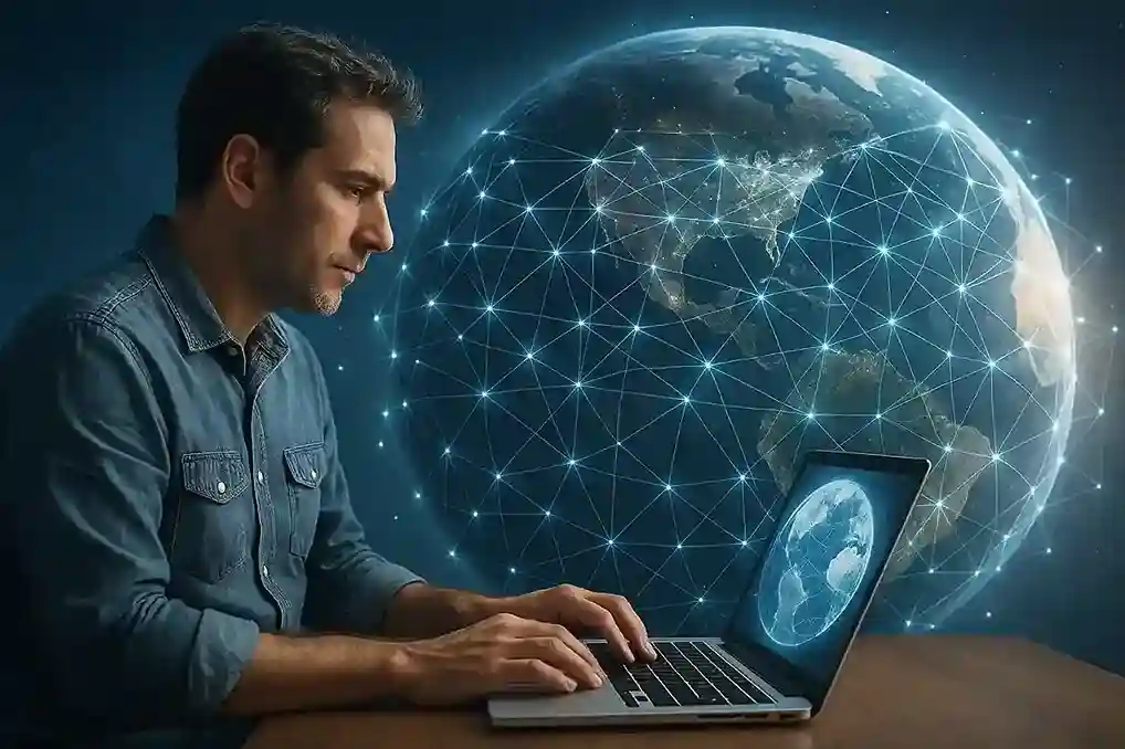 A stylized image of the globe with a glowing web of connections over it, symbolizing the World Wide Web.