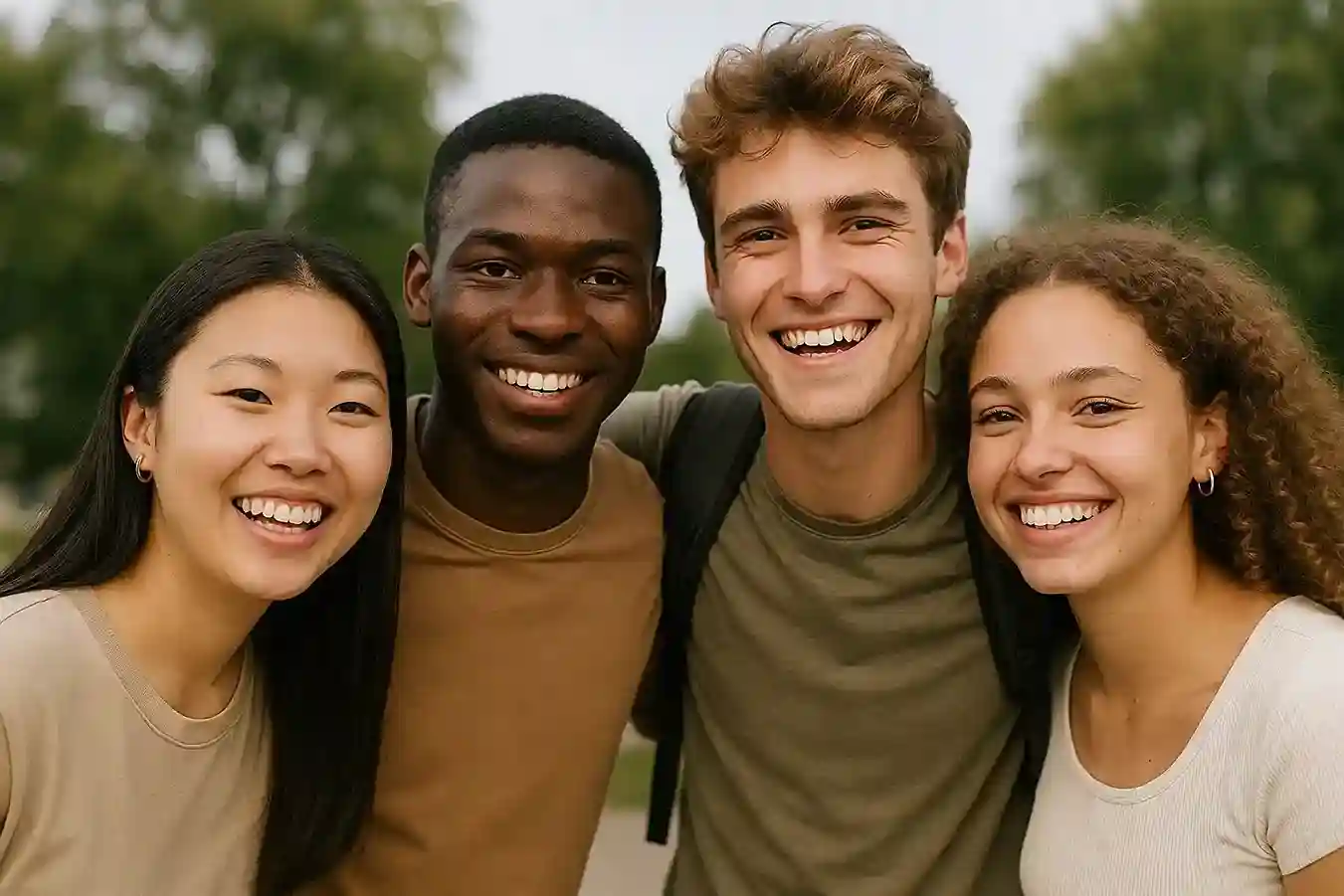 A group of diverse young people from different backgrounds smiling and working together, symbolizing unity and empowerment.