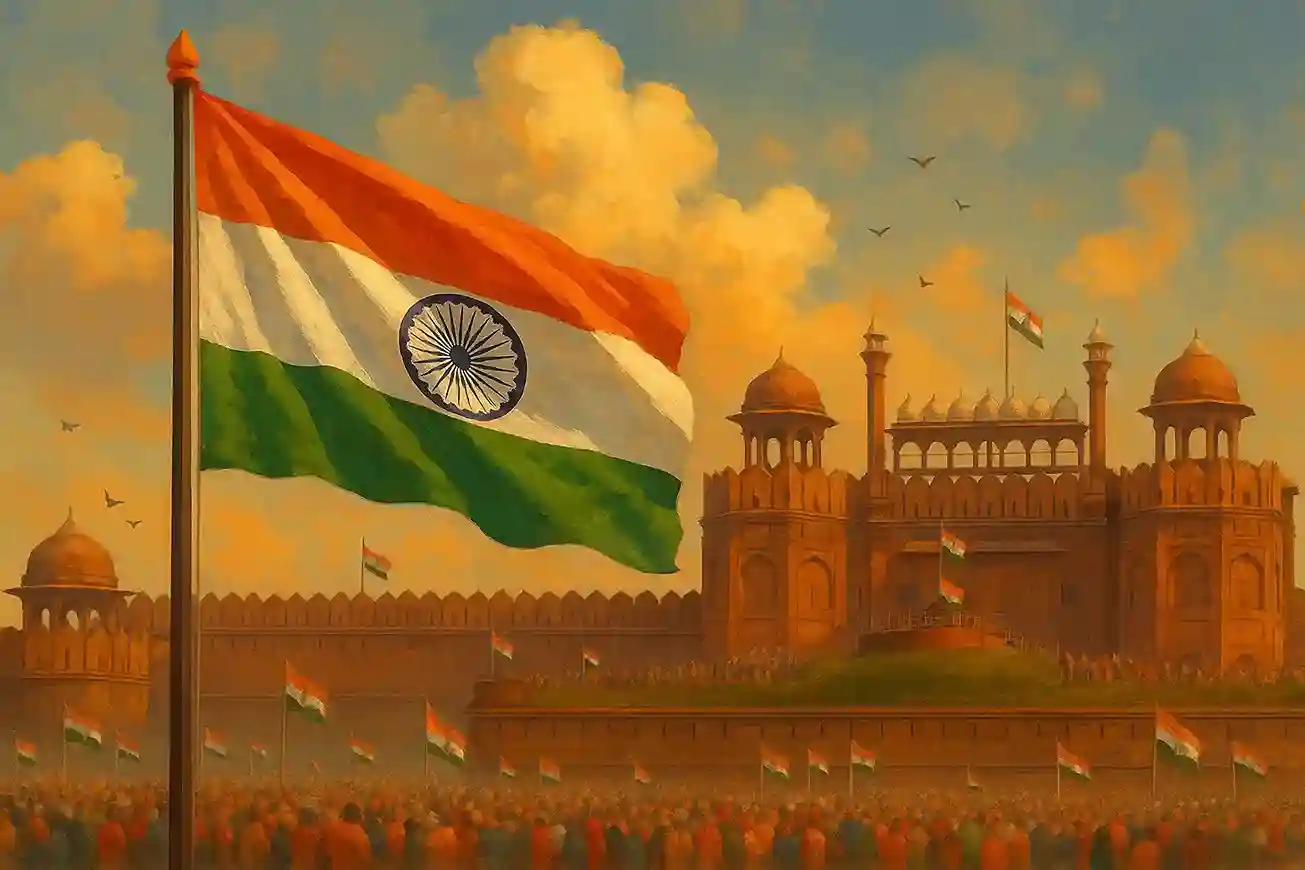 The Indian national flag flying high against a clear blue sky, symbolizing freedom and pride.