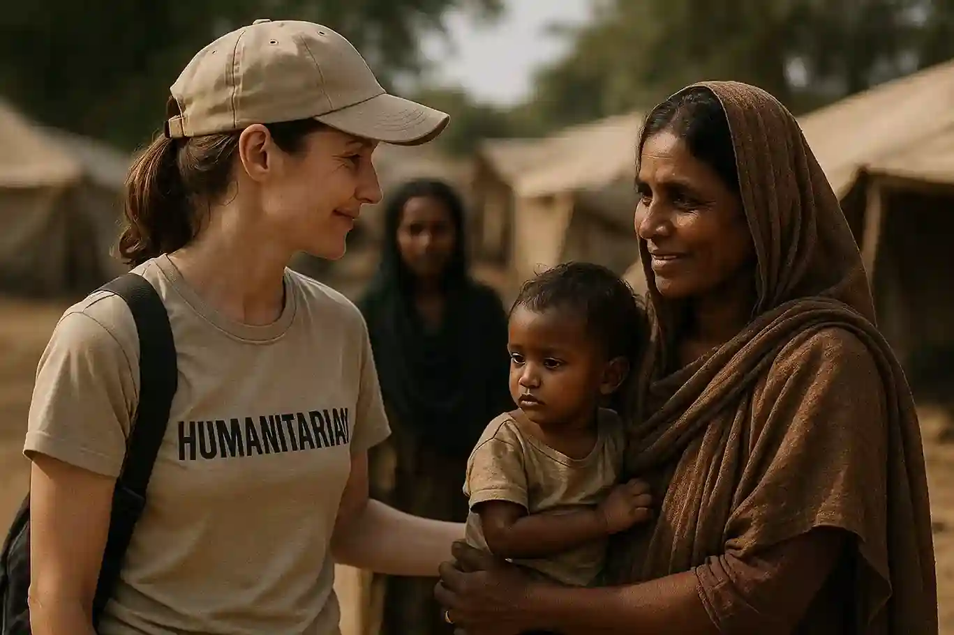 A poignant image of a humanitarian aid worker providing assistance in a crisis zone, symbolizing compassion and bravery.