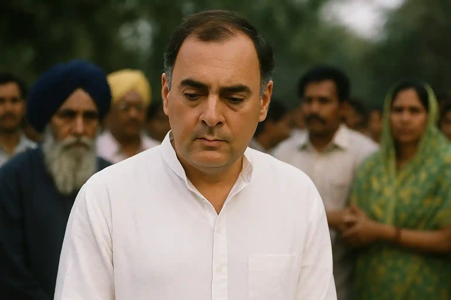 A portrait of former Prime Minister Rajiv Gandhi, with symbols of peace and unity in the background.