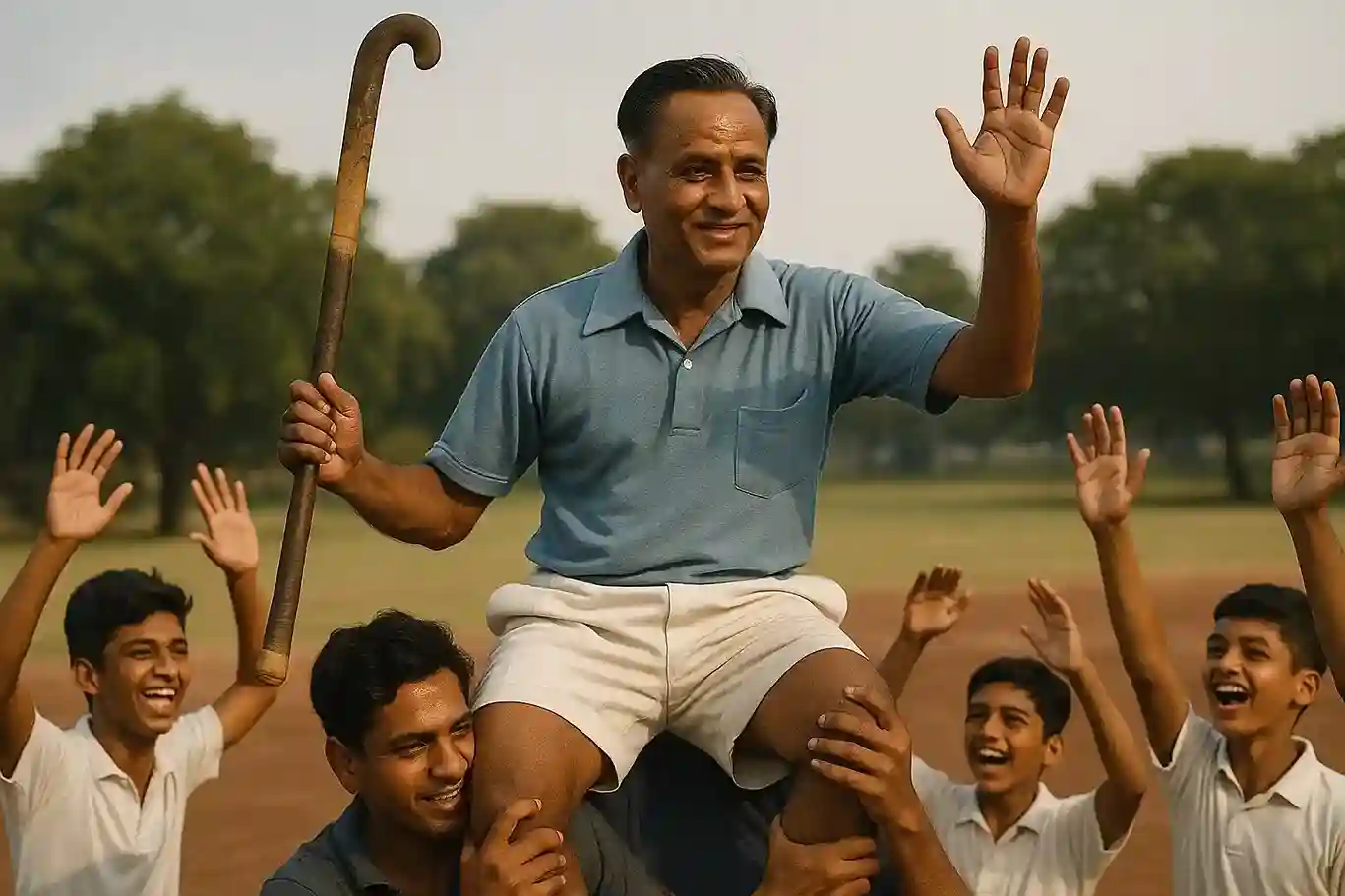 A dynamic image of Major Dhyan Chand playing hockey, with the Indian flag subtly in the background.