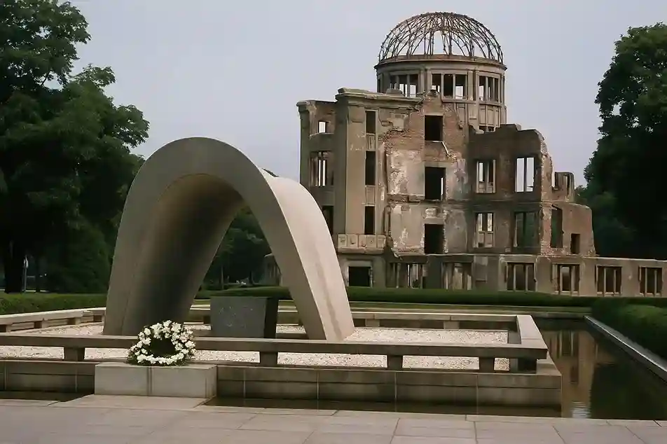 A poignant image of the Hiroshima Peace Memorial, a symbol of a solemn reminder of the atomic bomb and the hope for lasting world peace.
