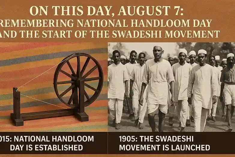 A composite image featuring handloom fabric with a spinning wheel and a historic photo of the Swadeshi Movement.