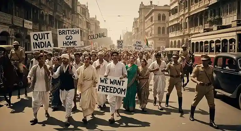A historical photo of Mahatma Gandhi addressing the crowd during the Quit India Movement, with a large group of people gathered behind him.