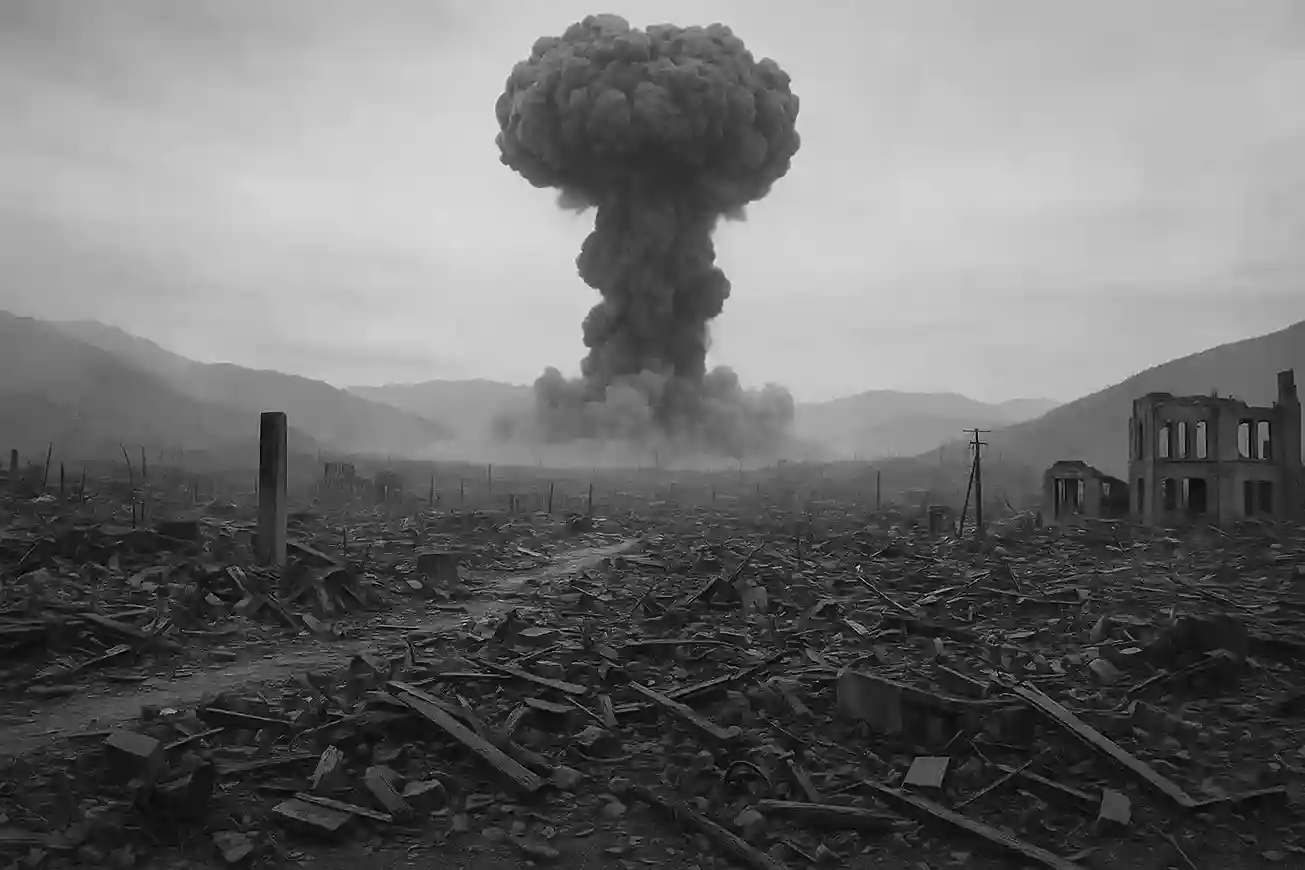 A solemn image of the Nagasaki Peace Park, featuring the iconic statue, symbolizing a memorial to the victims and a call for peace.