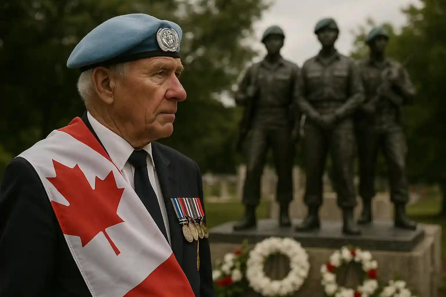A Canadian military peacekeeper standing in a formal pose with the flag of Canada.