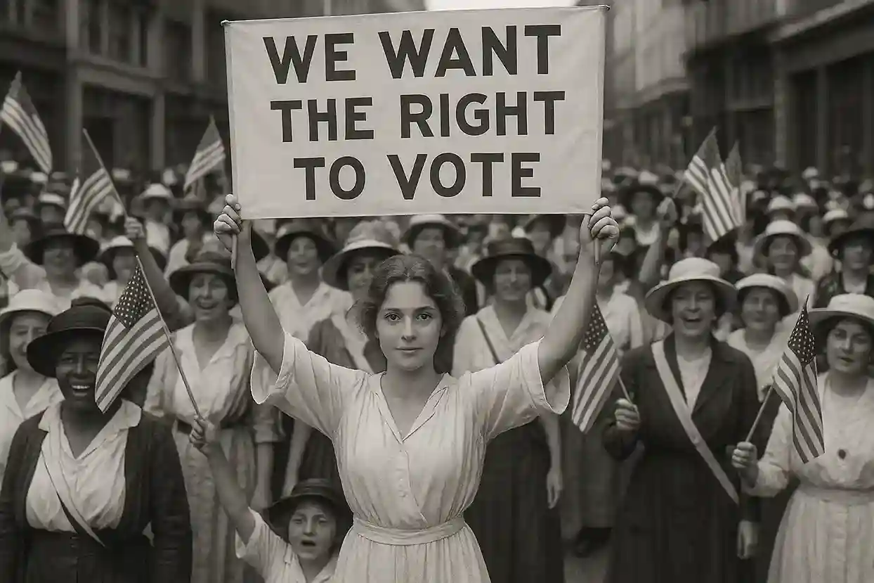 A historical image of suffragettes marching for the right to vote, symbolizing the long struggle for women's equality.