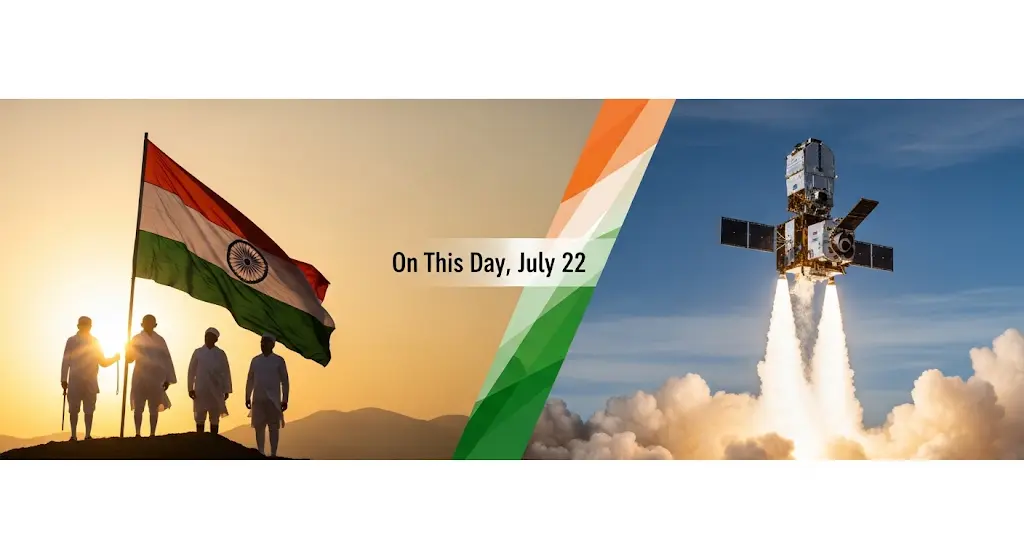 A collage showing the Indian flag, the Rashtrapati Bhavan, and the Chandrayaan-2 rocket.