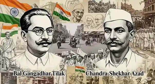 A collage featuring portraits of Bal Gangadhar Tilak and Chandra Shekhar Azad.