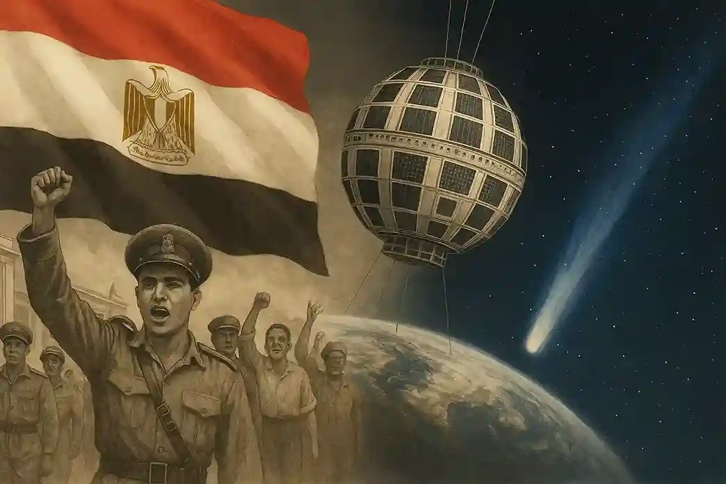 A montage of historical images including the Egyptian flag, the Telstar satellite, and Comet Hale-Bopp.