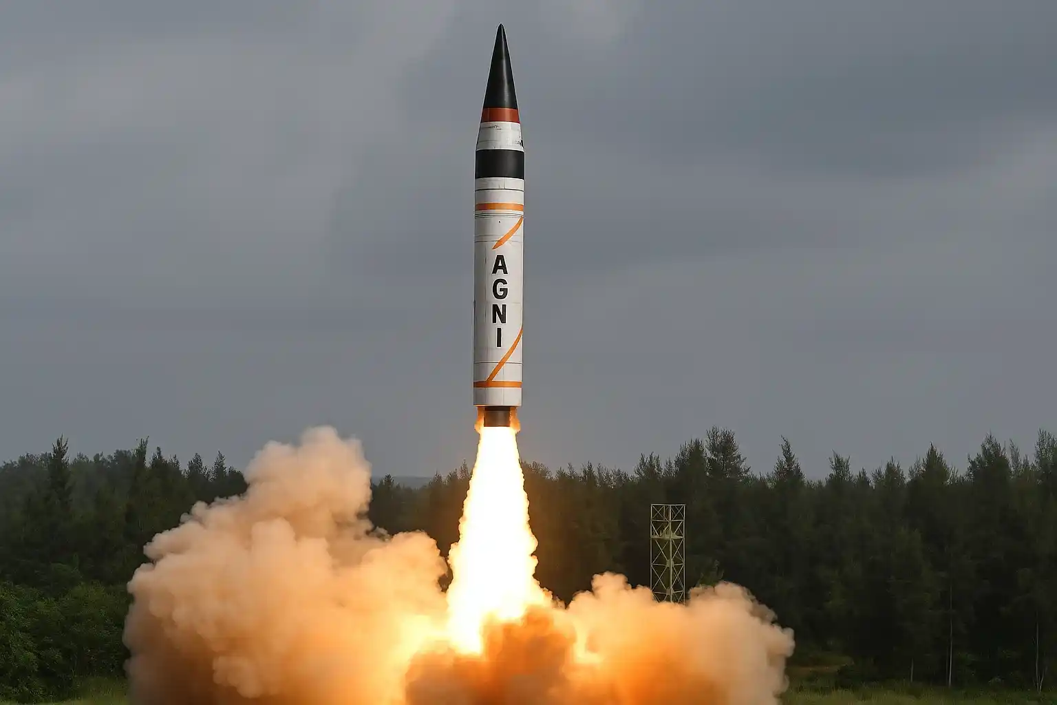 A powerful image of a long-range ballistic missile launching from a mobile launcher, leaving a fiery trail against the sky.