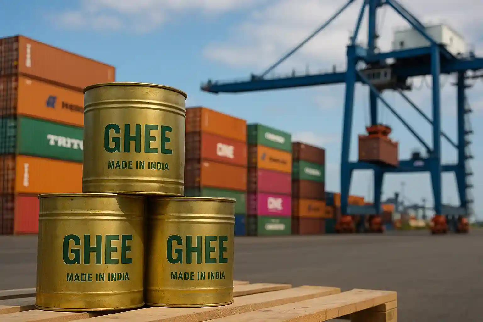 A visual of Indian ghee containers stacked on shipping pallets, ready for export.