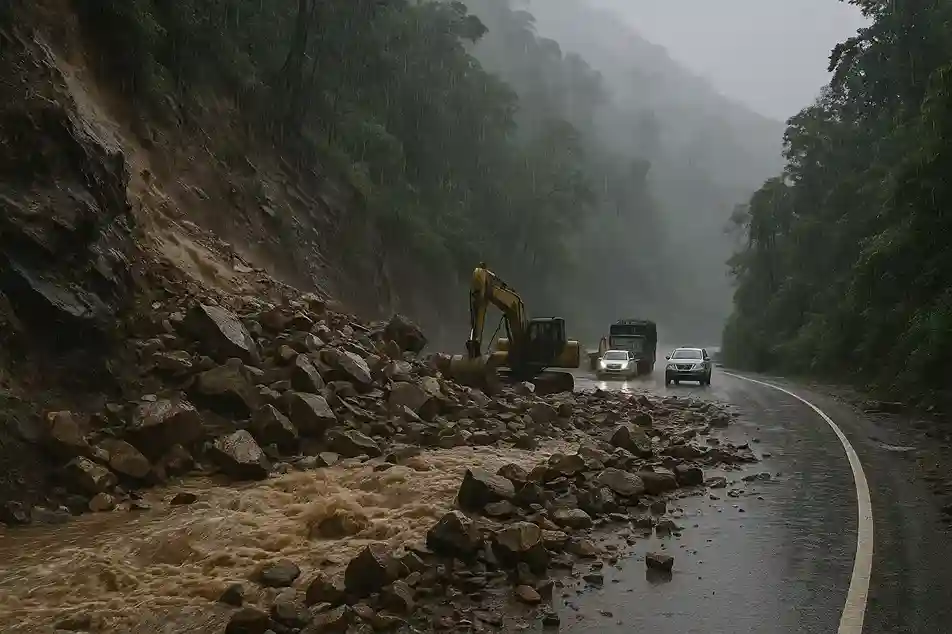 A visual of a landslide on a mountain road in Uttarakhand, with a fallen boulder blocking the path.