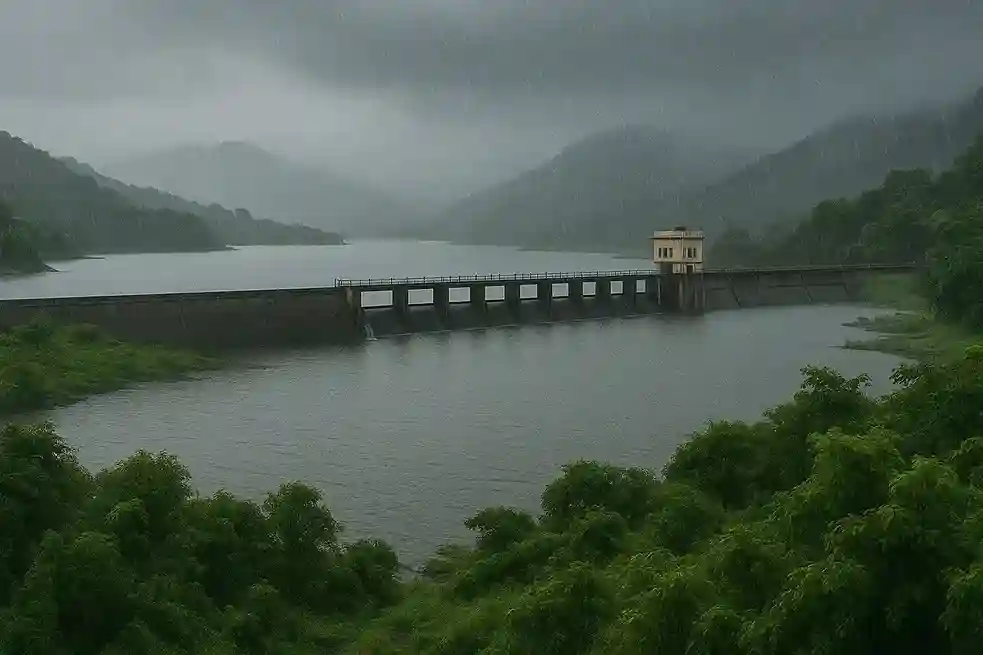 A visual of heavy rainfall over Mumbai, with lush greenery and full reservoirs visible in the background, signifying the end of the water crisis.