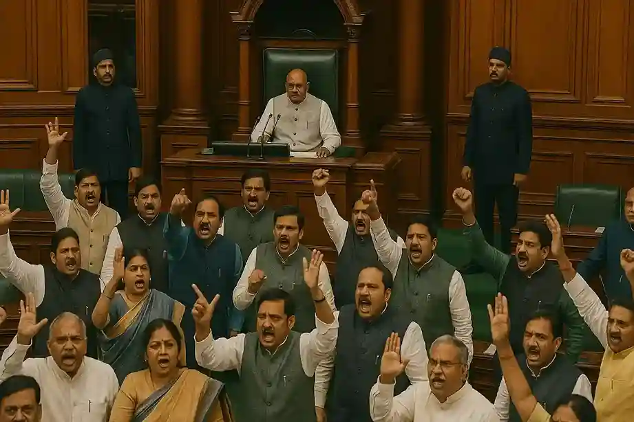 A visual of Members of Parliament in the Lok Sabha, shouting slogans and holding placards, with a sense of chaos and heated debate.