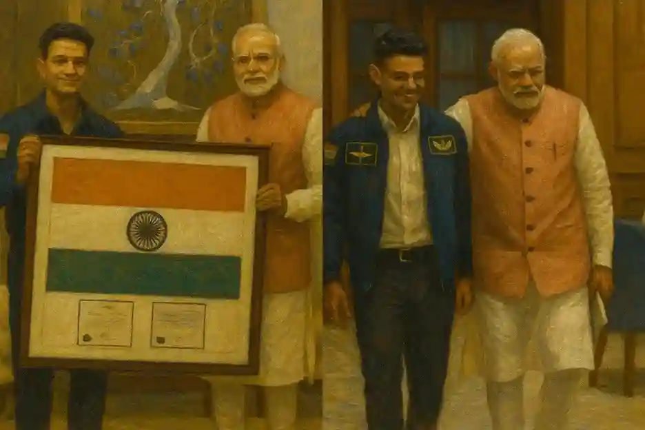 A photo of an Indian astronaut, Subhanshu Shukla, in his space suit, waving as he descends from a plane onto a red carpet.