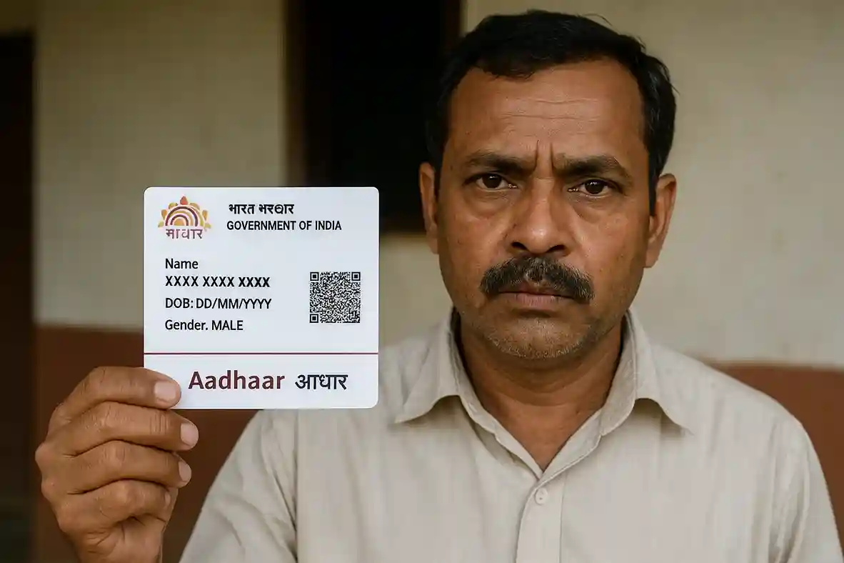 A visual of an Aadhaar card and an Indian map with the state of Assam highlighted.