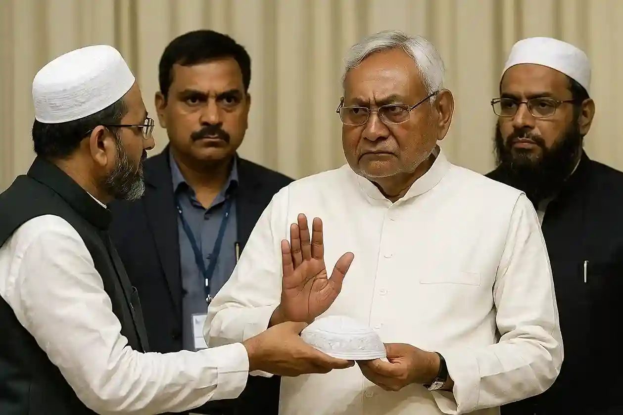 A visual of Bihar CM Nitish Kumar politely declining to wear a traditional Muslim skullcap offered to him at an event.