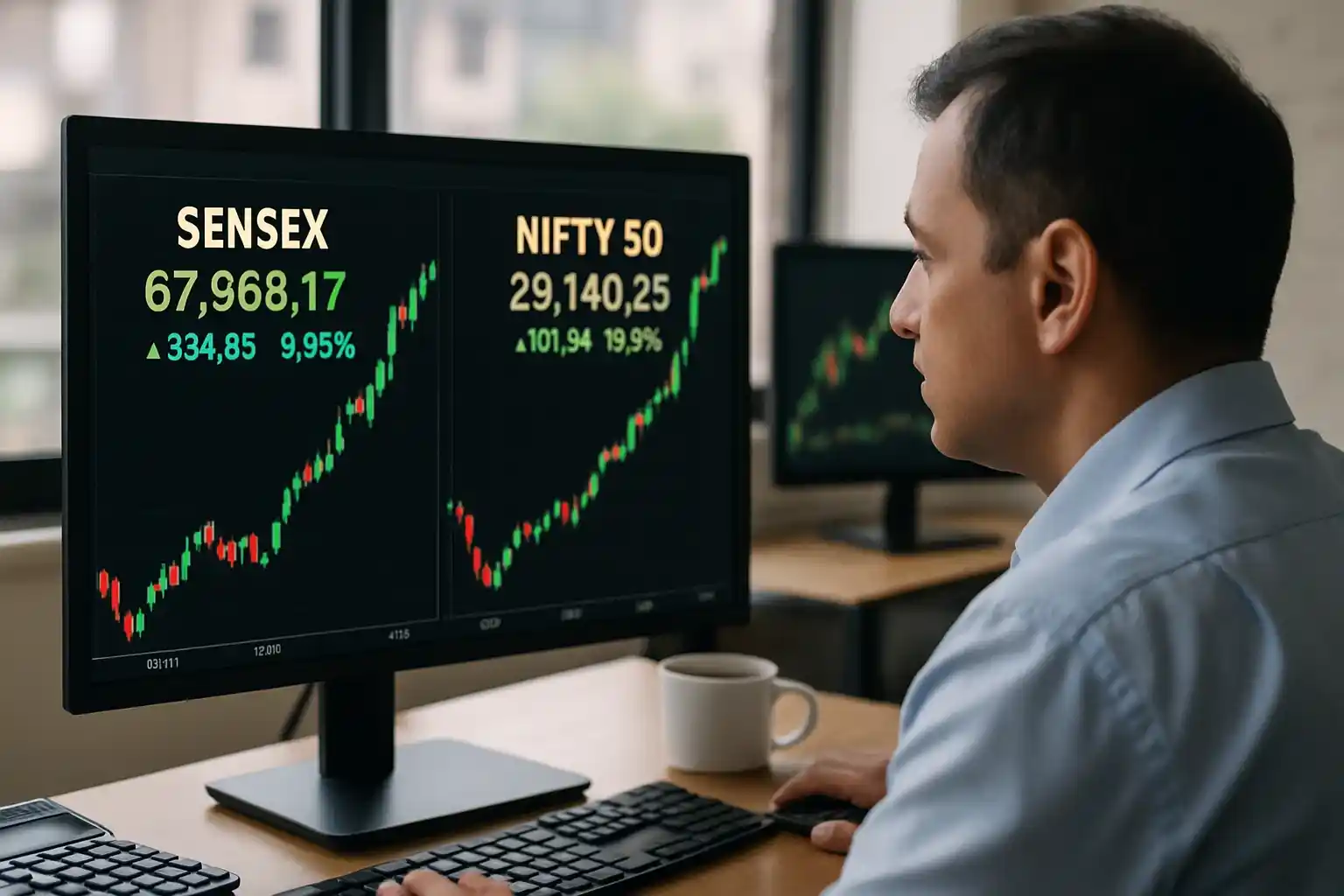 A bar graph showing a continuous upward trend of the Nifty and Sensex indices over six days.