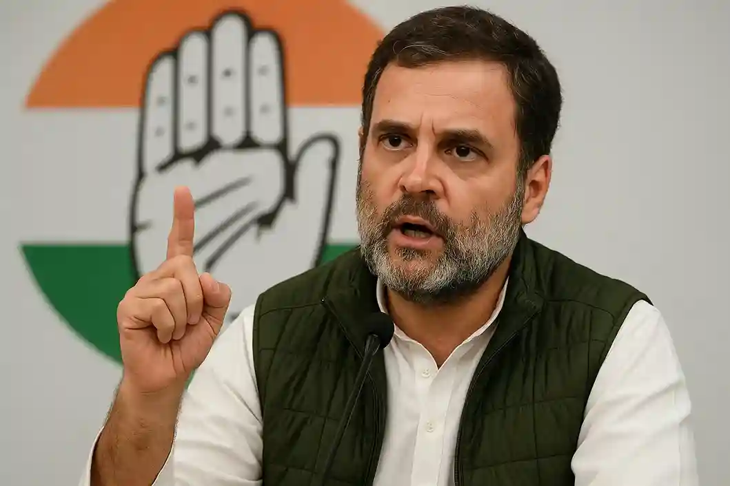 A visual of Rahul Gandhi speaking at a press conference, pointing towards a graphic of the Election Commission of India.