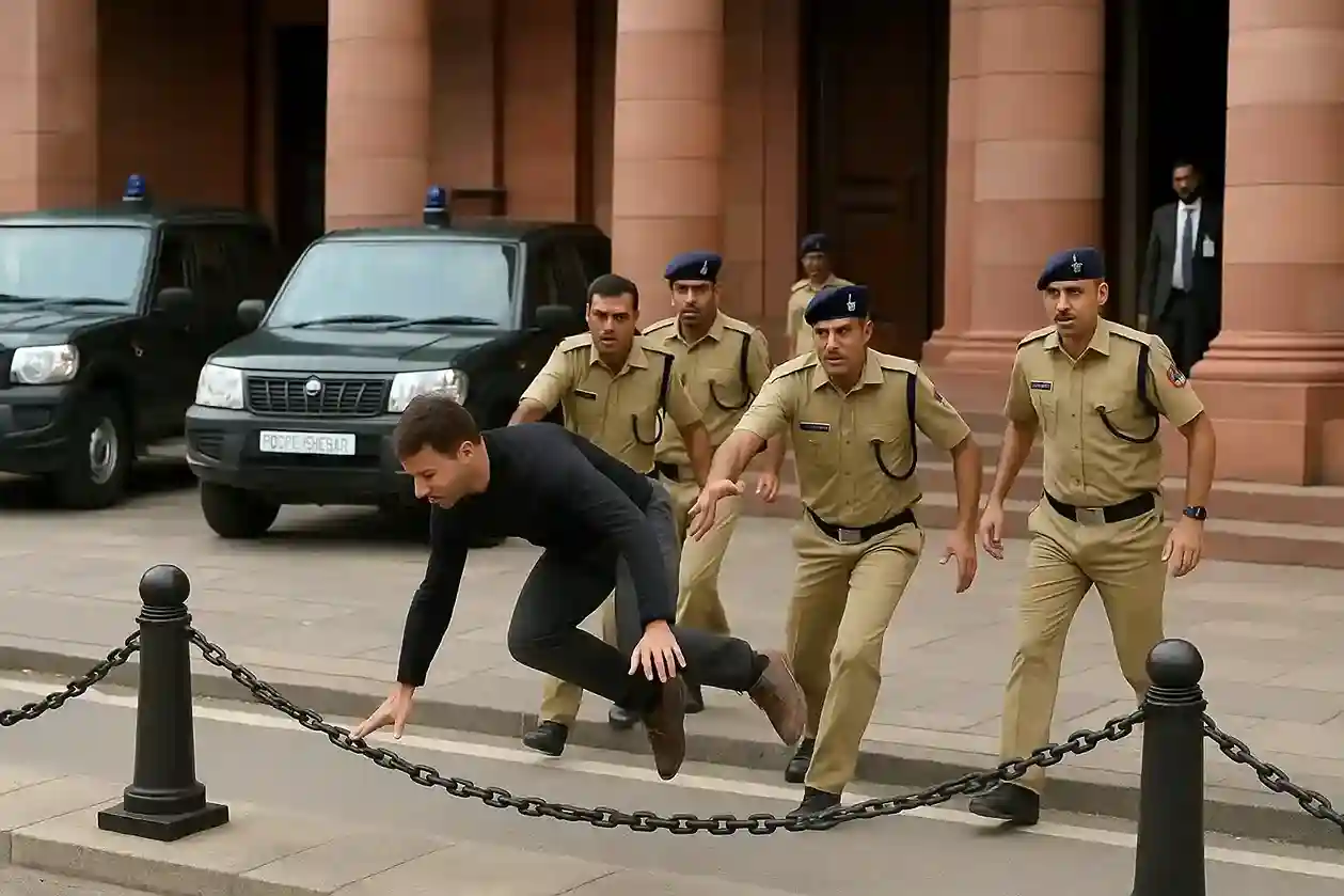 A visual of the Indian Parliament building with security forces standing guard.
