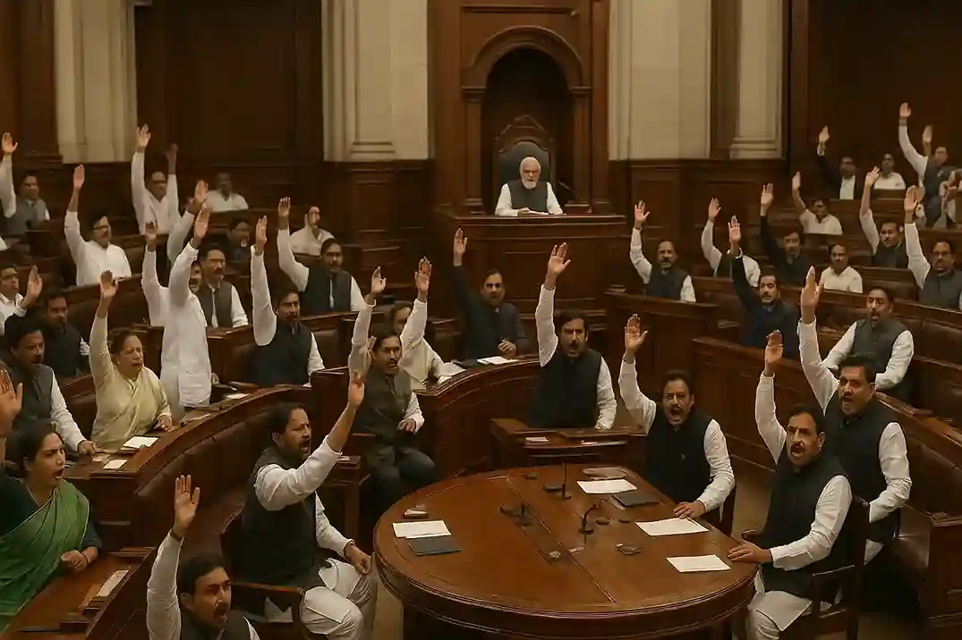 A visual of the Indian Parliament building with a rocket launch in the background.