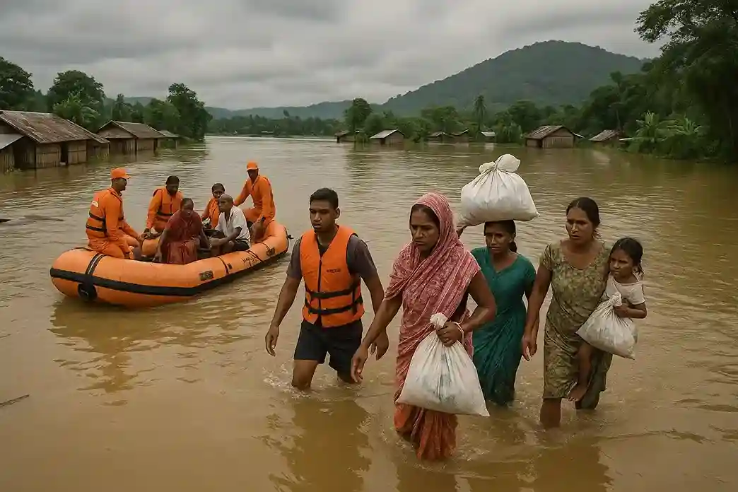 Submerged houses and people being rescued by boats in Assam, symbolizing the devastating floods.