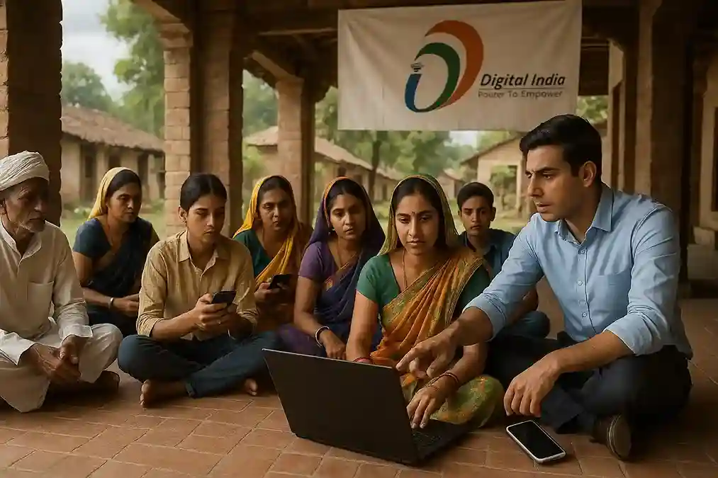 Villagers in rural India using laptops and smartphones with government officials promoting digital literacy programs.