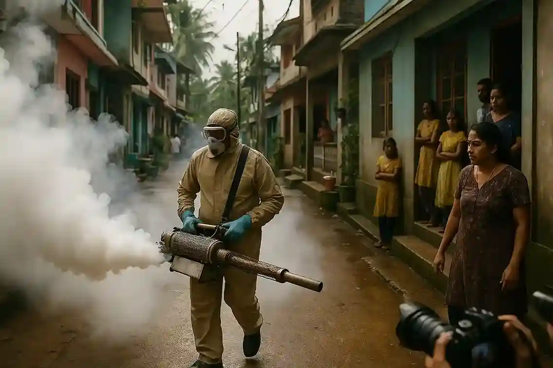 A health worker in Kerala fumigating a residential area to control mosquito breeding, symbolizing the dengue outbreak.