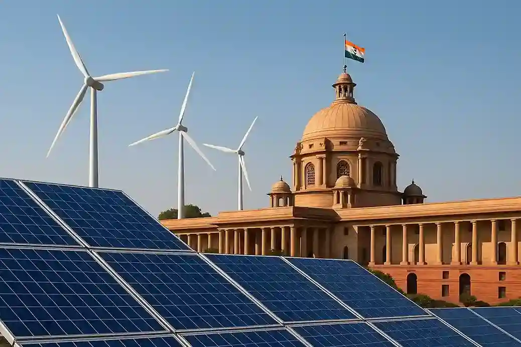 Solar panels and wind turbines set against the backdrop of the Indian Parliament, symbolizing renewable energy policy.