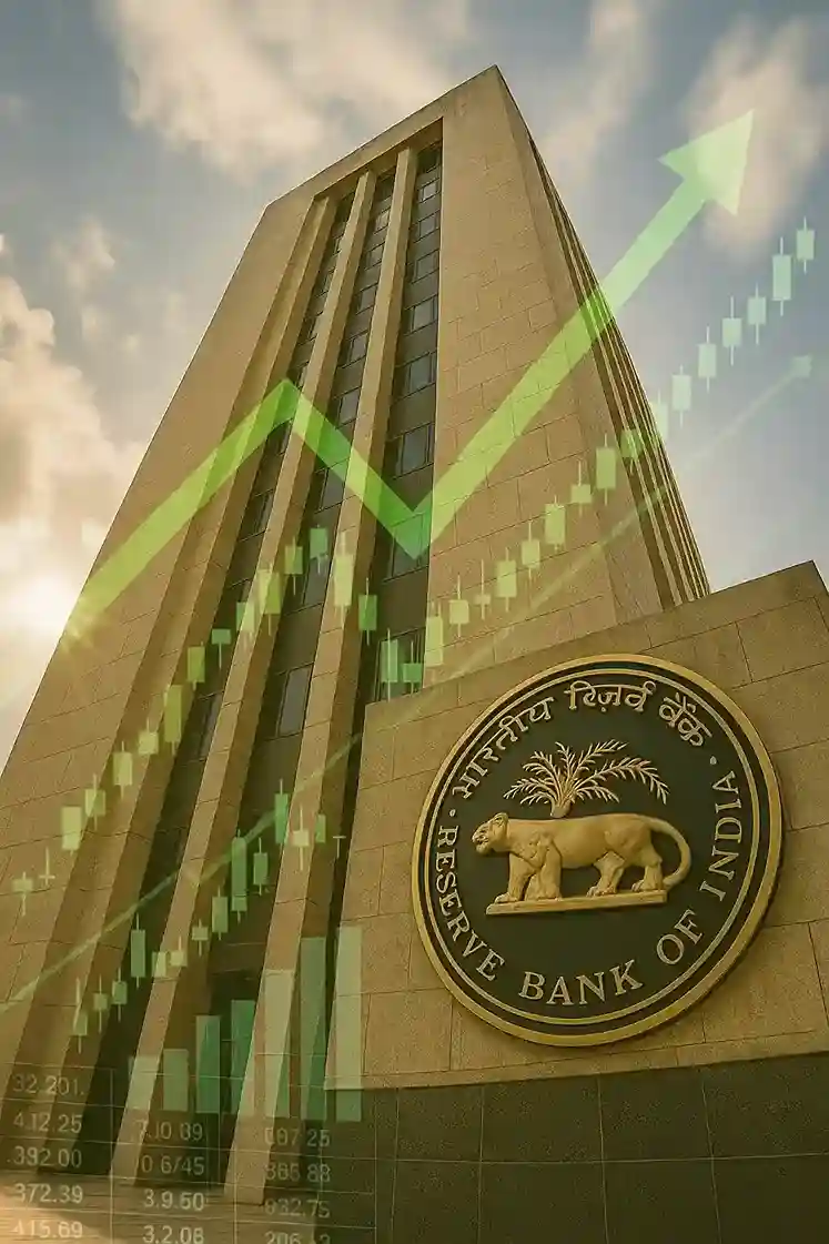 Reserve Bank of India headquarters with financial charts and upward arrows in the background, symbolizing economic growth.