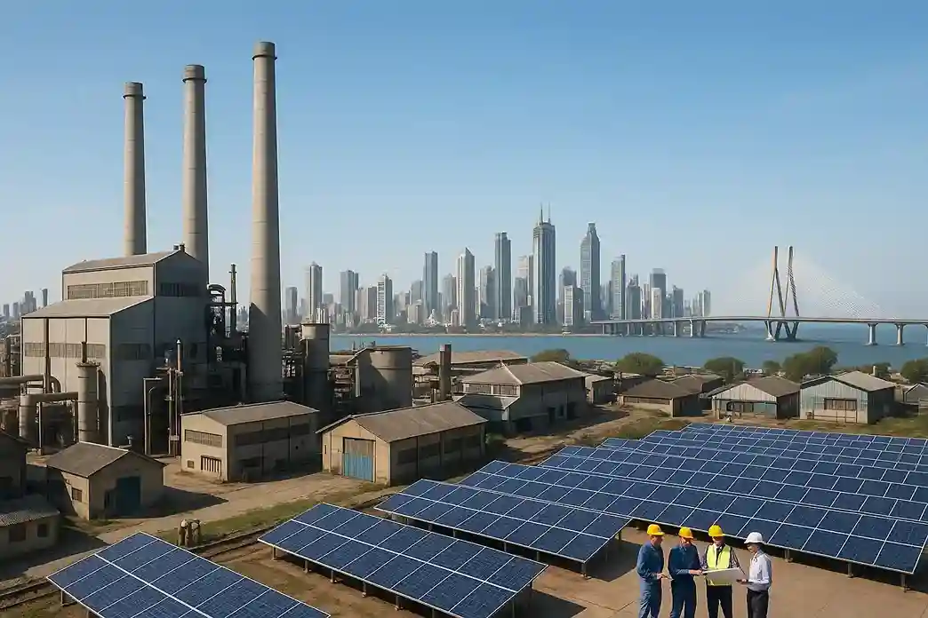 A view of Mumbai’s skyline with factories and industries in the foreground, symbolizing Maharashtra’s industrial growth.