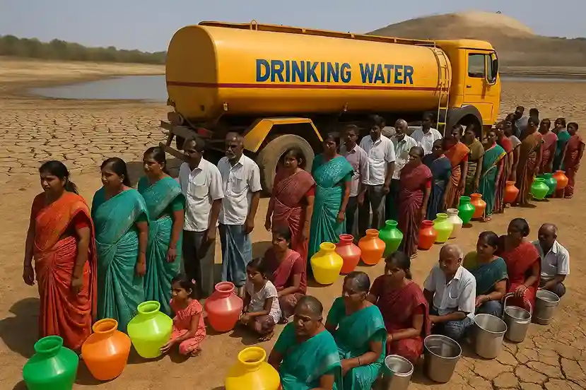 People in Tamil Nadu queuing with plastic pots and containers at a public water tanker, symbolizing water scarcity.