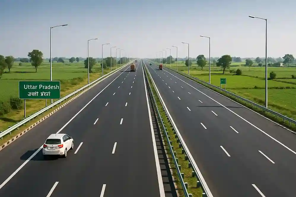A newly built wide expressway in Uttar Pradesh with vehicles moving smoothly, symbolizing modern infrastructure.