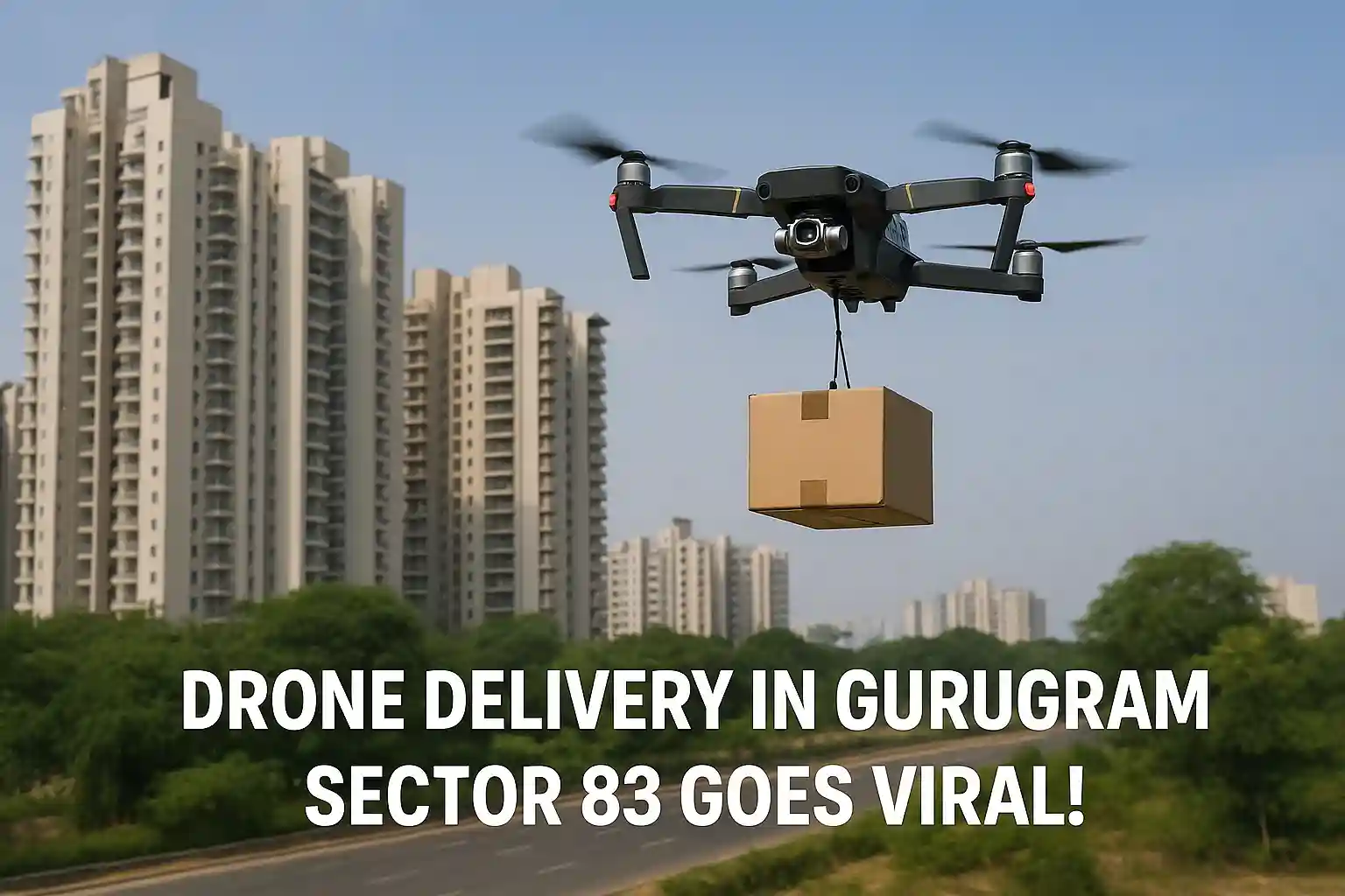 A delivery drone hovering near an apartment in Gurugram Sector 83