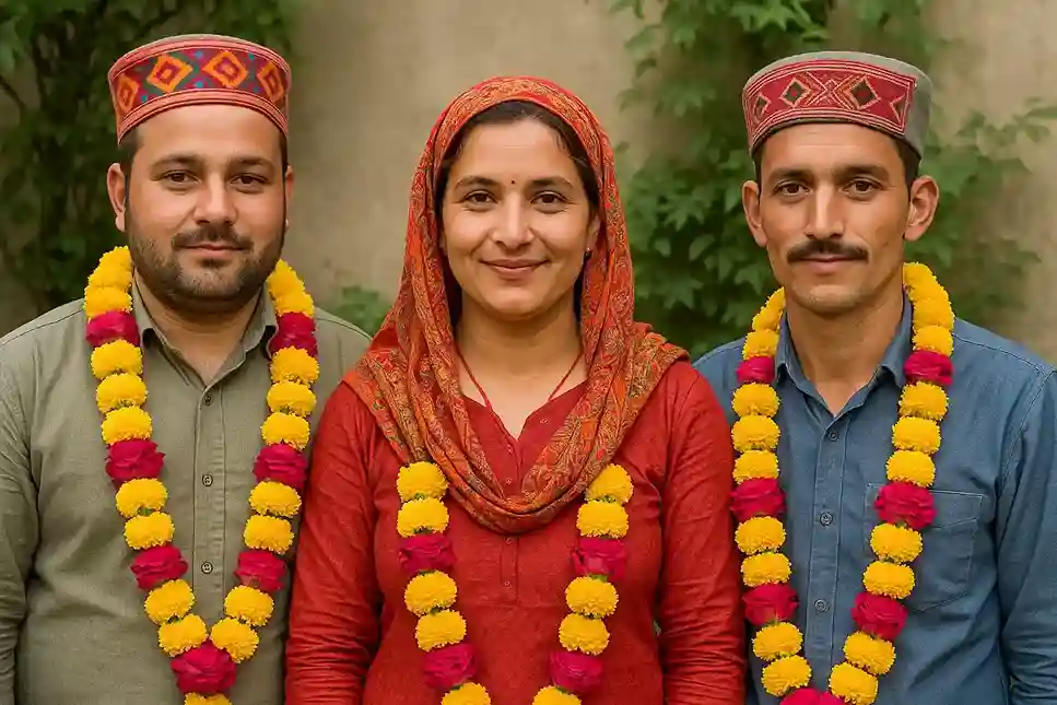 Two brothers from Himachal with their wife in a traditional setting