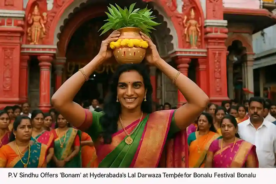 Badminton star PV Sindhu, dressed in traditional attire, carrying the sacred Bonam on her head.