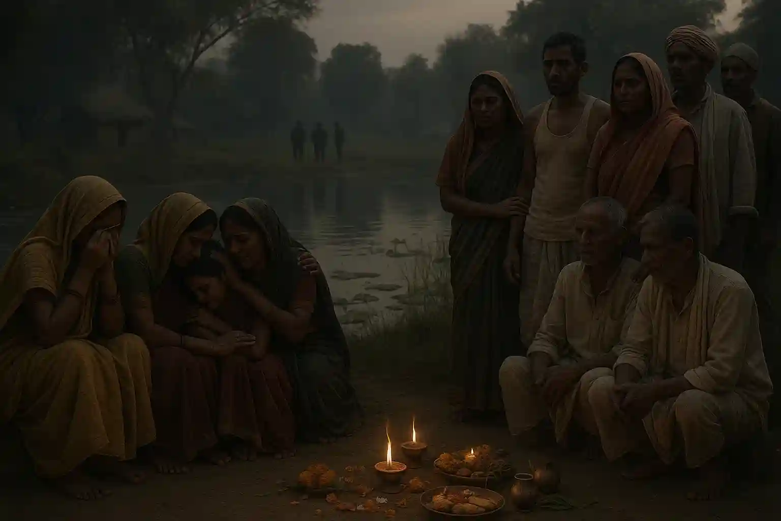 A pond in Bihar surrounded by villagers during Karma Puja rituals.