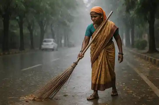 A woman safai worker sweeping a waterlogged Bengaluru street at dawn