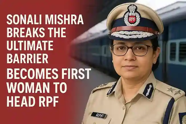 IPS Sonali Mishra in full uniform, standing confidently in front of the RPF emblem