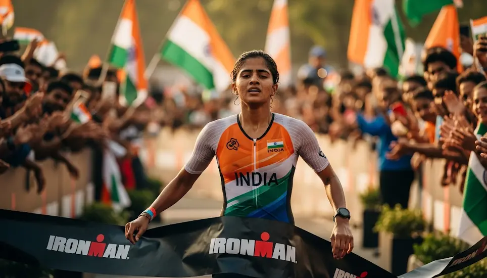 Priya Sharma crossing the Ironman finish line with the Indian flag, looking exhausted but triumphant.