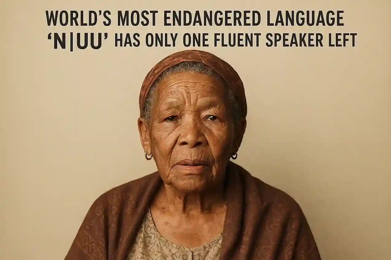 Elderly woman speaking with traditional symbols in the background