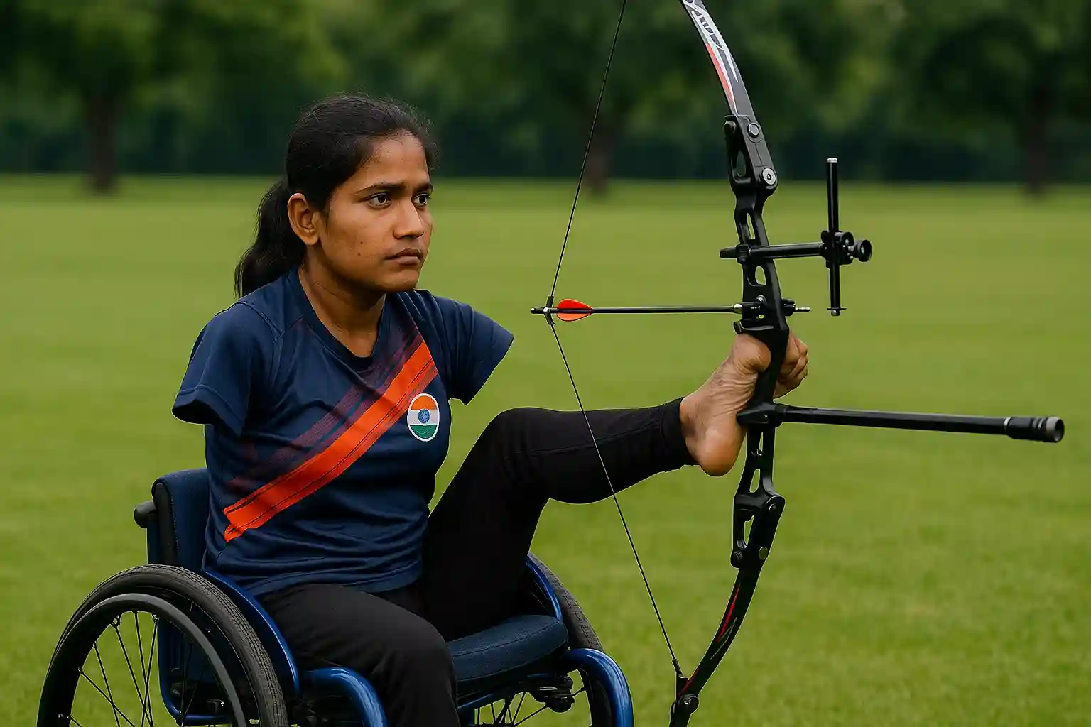 Para-archer Sheetal Devi aiming her bow with her foot, showing immense focus and determination.