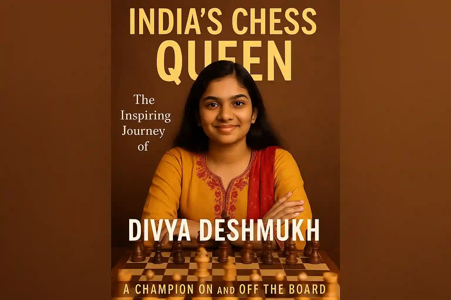 A focused and determined Divya Deshmukh contemplating her next move at a chess tournament.