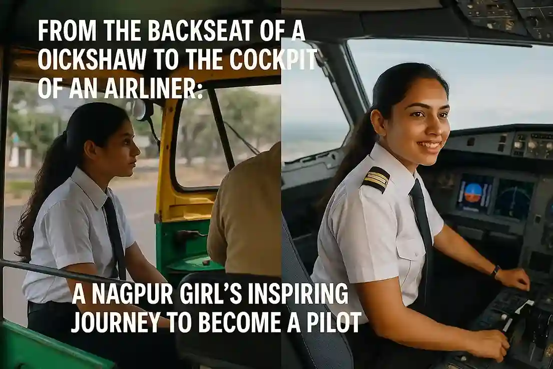 A proud auto-rickshaw driver stands next to his daughter, who is wearing a commercial pilot's uniform.