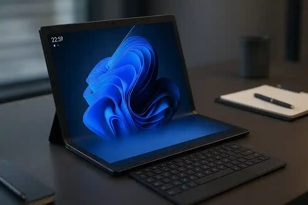 Dell XPS Fold laptop partially folded with detachable magnetic keyboard, symbolizing next-gen foldable PCs.