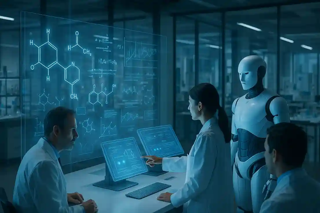 Futuristic AI system visual with digital lab equipment and molecules, symbolizing Prometheus AI in scientific research.